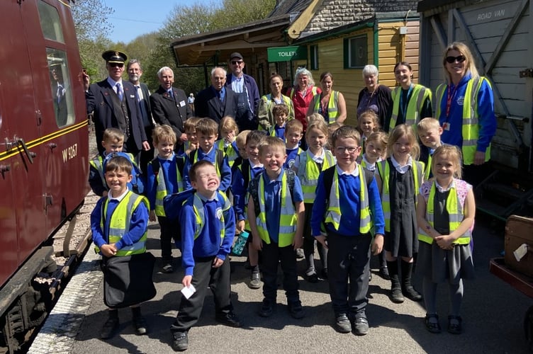 Roger, Steve, Colin, John and Matt with Welton school pupils and teachers at Midsomer Norton Station. 