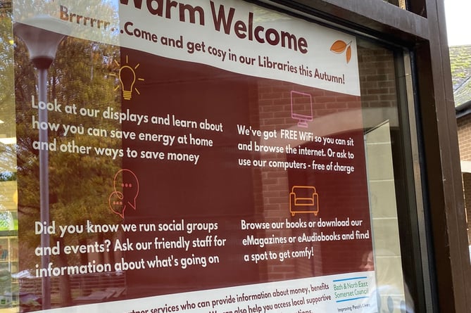 Midsomer Norton Library displays poster advertising its Warm Space status