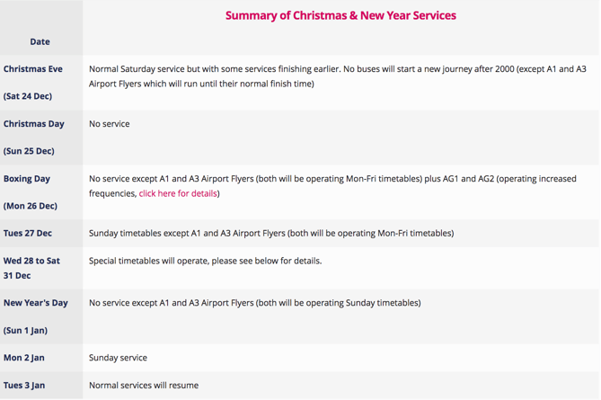 The schedule for First Bus over Christmas and New Year. 