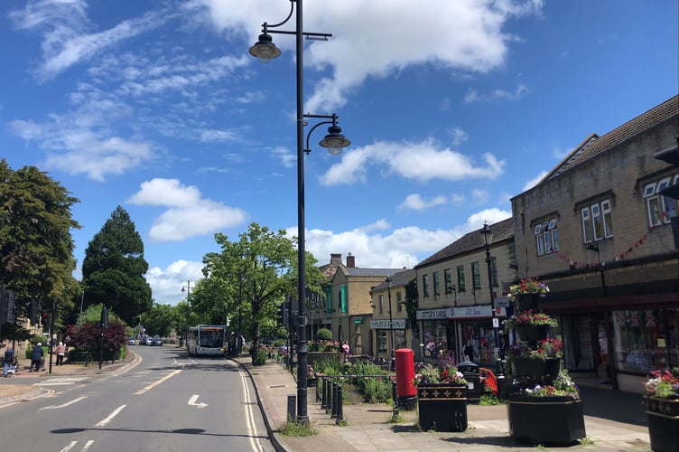 Midsomer Norton High Street in the summer. 