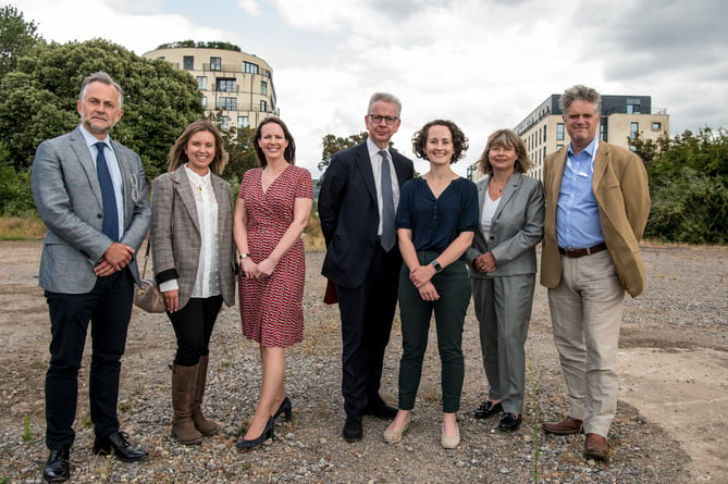 Pictured left to right Richard Holden, B&NES, Caroline McHardy Berkeley Homes, Helen Brewer, B&NES, the Rt Hon Michael Gove MP, Sophie Broadfield, B&NES, Catherine Turner Homes England and Councillor Matt McCabe. 