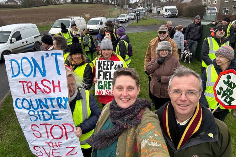 Cllr Sam Ross (centre) and Edmund Cannon, Green Party PPC for Northeast Somerset and Hanham (right) alongside residents at a recent protest against the SVEZ