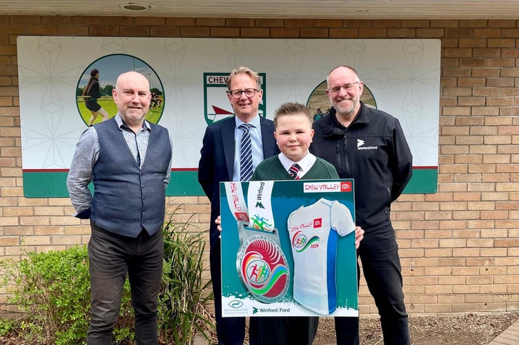 Leo, who is pictured alongside the main race sponsors, Mark Houlford of Brock & Houlford, Justin Taylor, of Winford Ford Car Sales and Service Department, and Gareth Beynon, headteacher at Chew Valley School. 