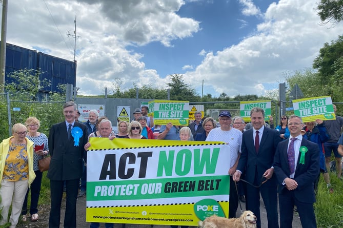 The protest at the Queen Charlton Quarry, with local residents, members of Protect Our Keynsham Environment, and MP candidates Jacob Rees-Mogg, Dan Norris, and Edmund Cannon (Image: John Wimperis)