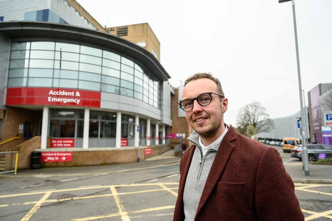 Councillor Adam Dance outside Yeovil Hospital (Yeovil Liberal Democrats)