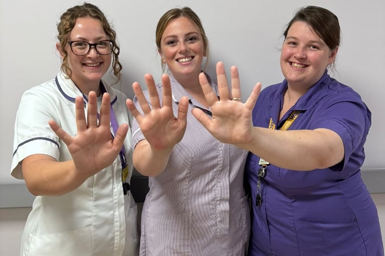 Pictured Left to Right: Practice Plus Group Hospital Shepton Mallet staff, Kelly Apfelstedt - Pharmacy Technician, Jen Smith - Assistant Practitioner and Student Nurse and Hannah Clayson - Registered Nurse.
