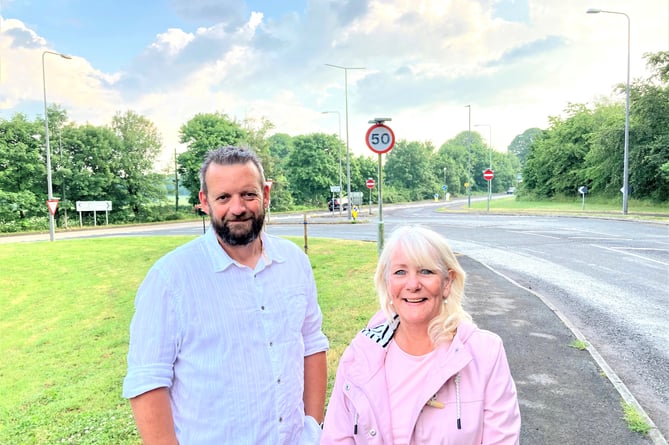 Cllr Karen Walker and Cllr Gavin Heathcote at the Bath Road junction