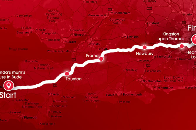 Amanda Holden route from Bude to London