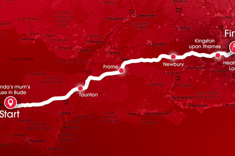 Amanda Holden route from Bude to London