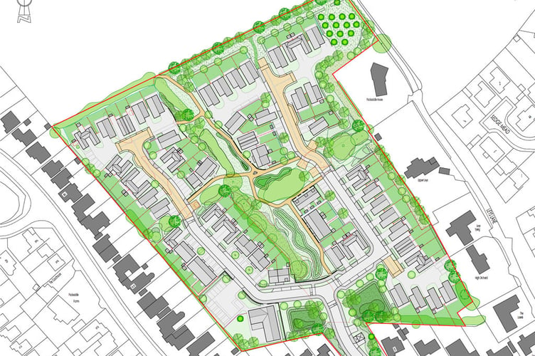 Masterplan of proposed development of 74 homes and children's home on Packsaddle Way in Frome