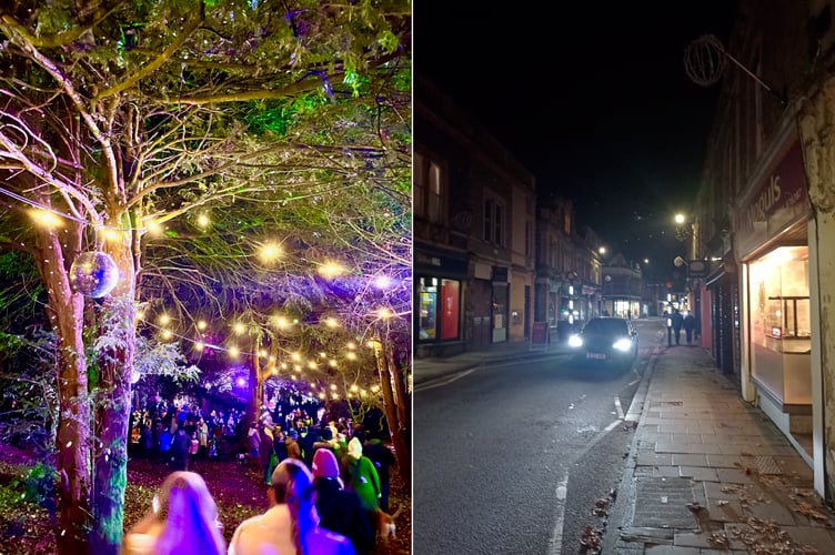 The Christmas lights in Clevedon\'s Alexandra Gardens (left) and in the town centre (right)