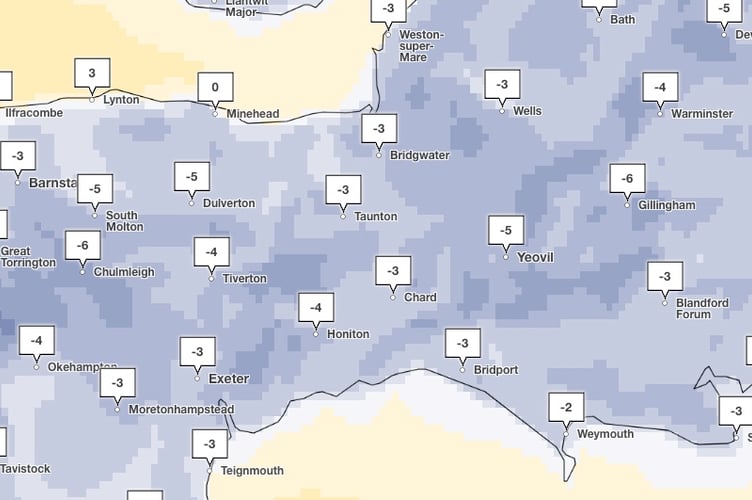 The Met Office temperature map for Somerset at 6am on Friday, January 3