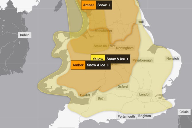 Met Office forecasters have heightened the weather alert for locations north of Bath and South Gloucestershire to amber from 6pm tomorrow until 12pm on Sunday.