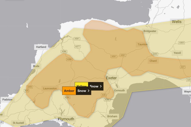 An amber warning for snow has been issued by the Met Office