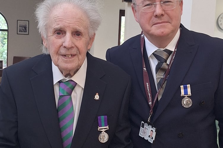 Alf Prideaux with his son Steven, who investigated why his father hadn't received any medals for his service.