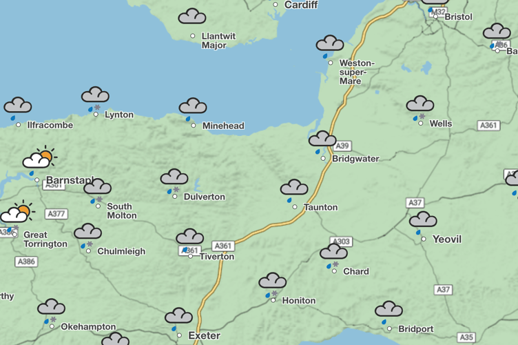 Map of where sleet will fall across Somerset at 4pm