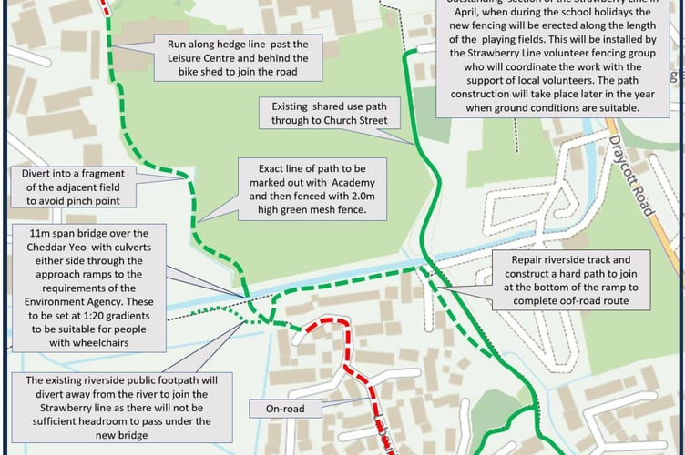 Map showing planned section of the Strawberry Line near Kings Academy in Cheddar